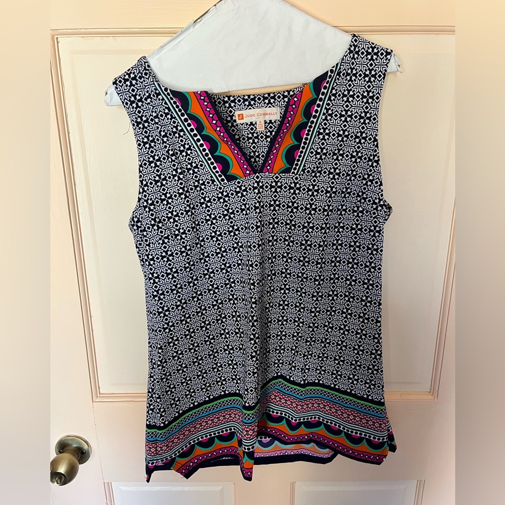Jude Connally Black and White Sleeveless Blouse with Multicolor Trim